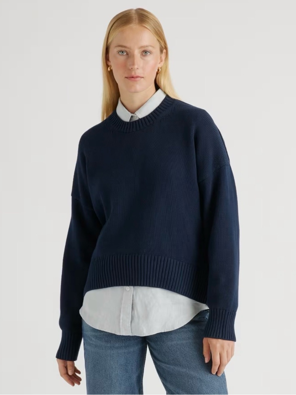 Quince 100% Organic Cotton Boyfriend Crew Sweater Navy - Size Medium